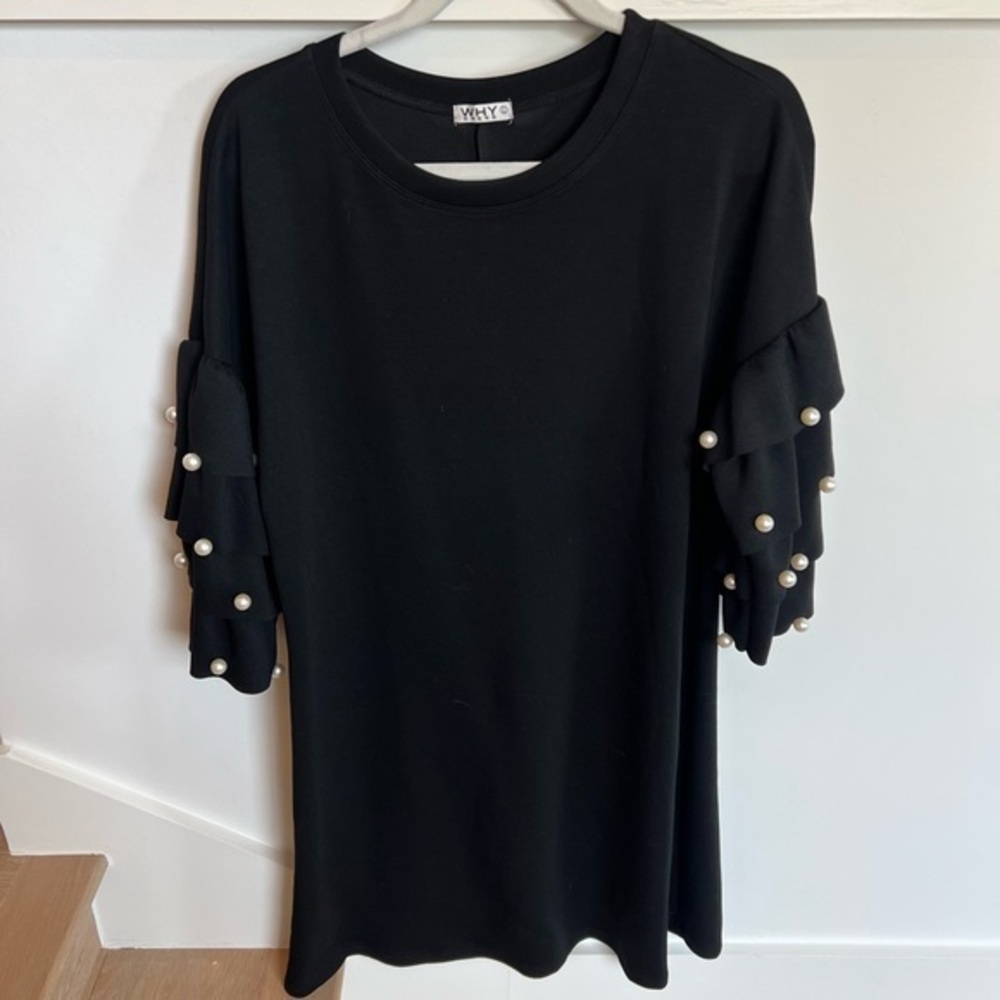 WHY Dress Black Pearl Sleeve Womens Shift Dress Layered Sleeves Large